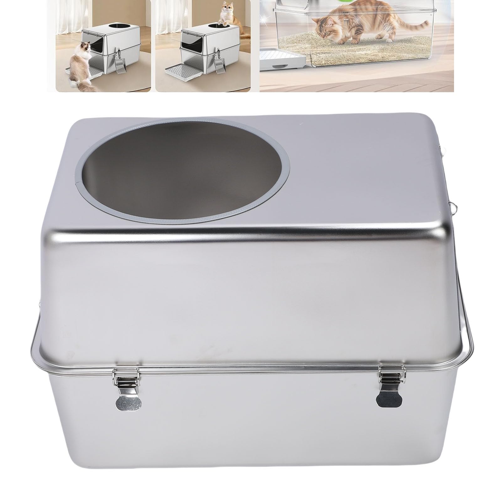 Fabater Arenero de Cerrado de Acero Inoxidable Cerrada con Tapa, Caja de Arenero de Metal de Bordes Altos, Arenero de Gato Grande XL con Cucharada, Fácil de Limpiar
