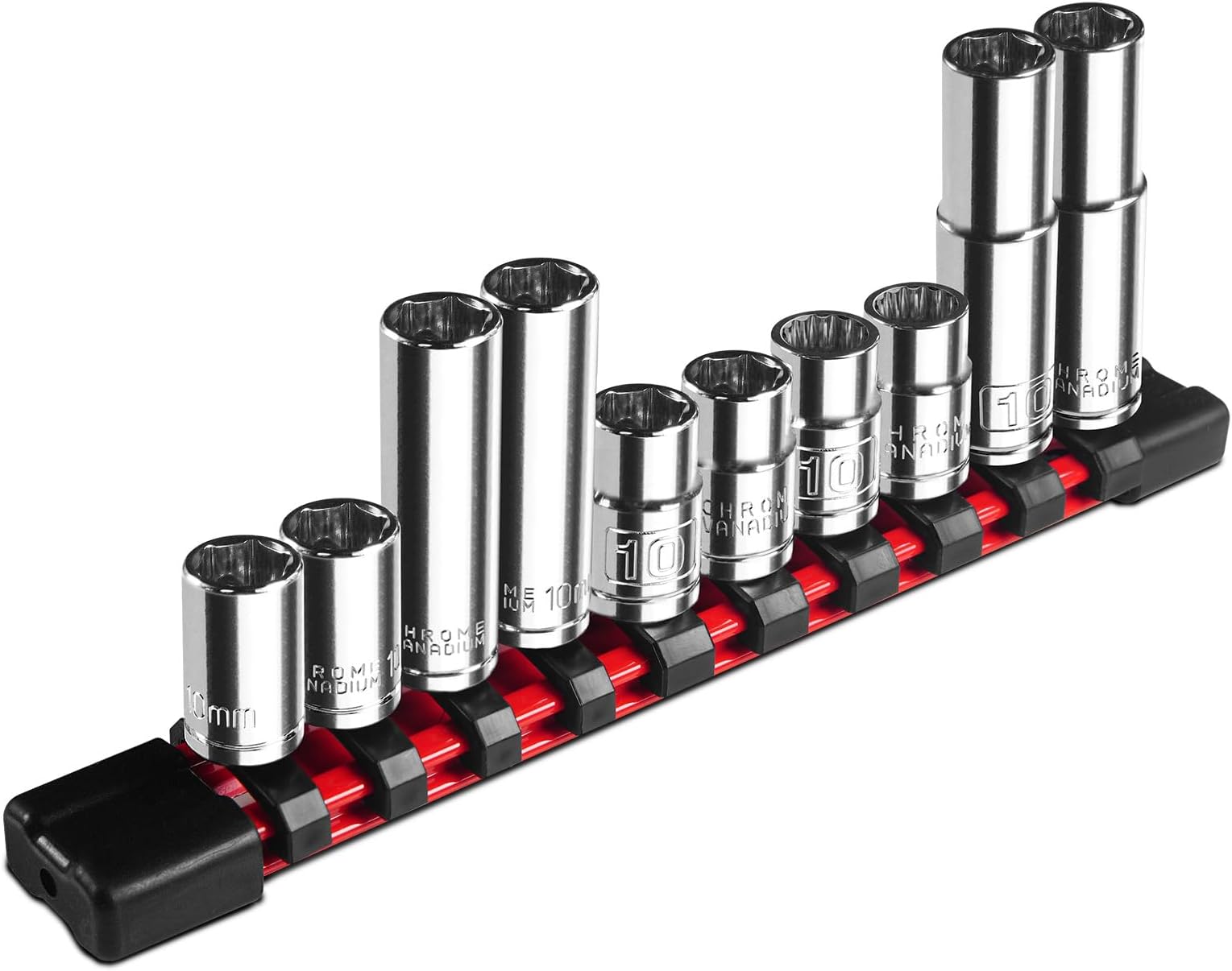 10 Piece 1/4" & 3/8" Drive 10mm Socket Set, Deep & Shallow, Mirror Finish, 6 Point & 12 Point, Cr-V Steel