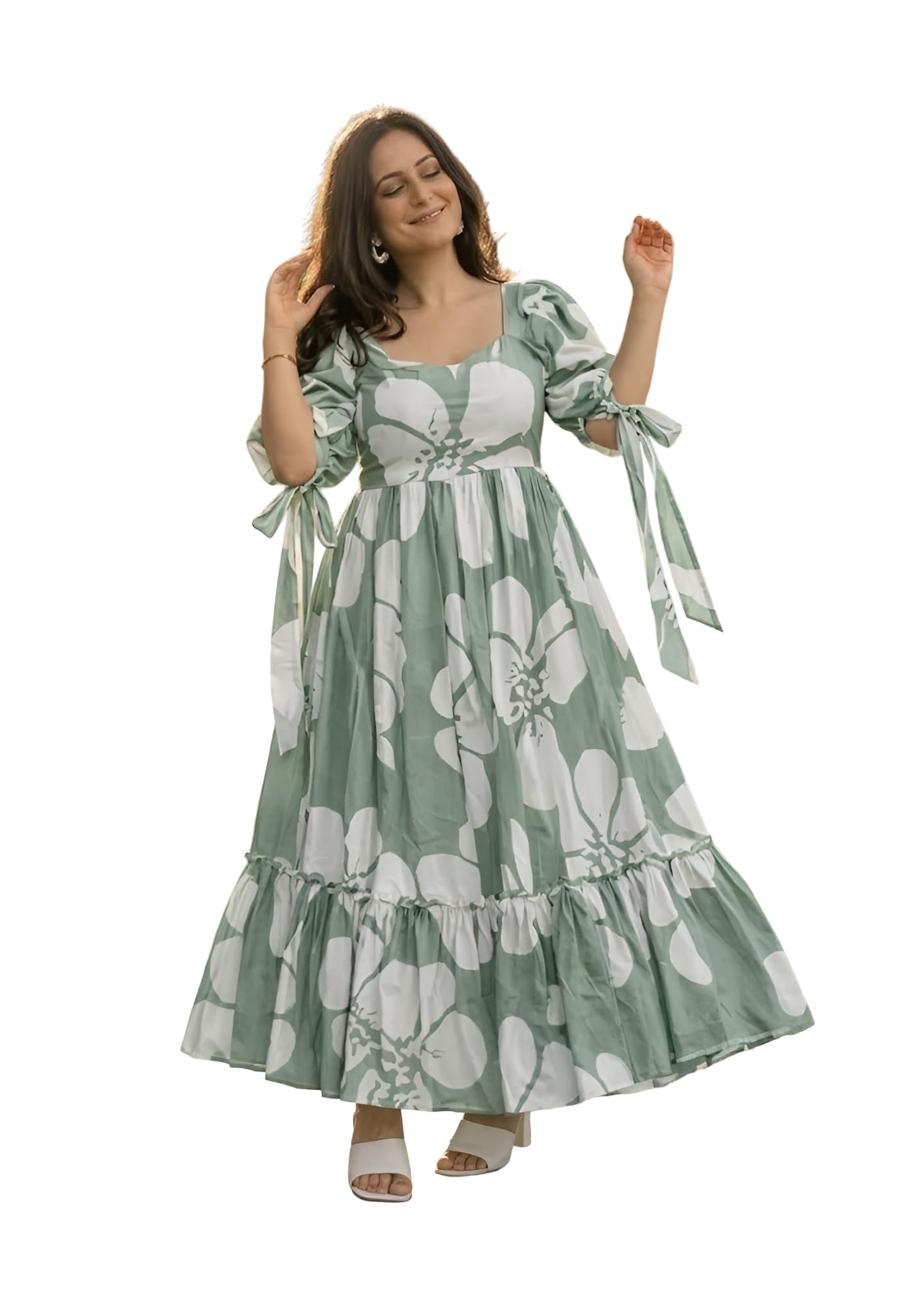 Women's Printed Maxi Dress | Square Neck Puff Sleeve Smocked Bodice Tiered Flowy Long Dress | Casual Summer Vacation Beach Party Boho A-Line Dress with Waist Tie |T-Labu-image-19