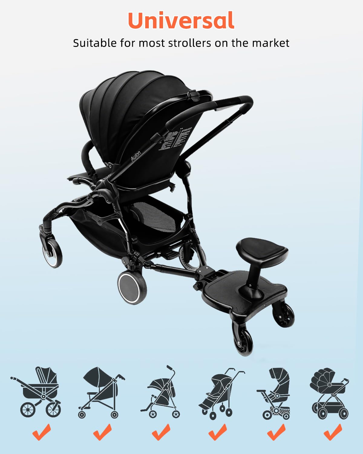 Vihir Planche Poussette Universelle avec Siège, Planches à roulettes pour bébé, Marche Pied Poussette pour Enfants de 2 à 6 Ans (25KG), Renouveler complètement