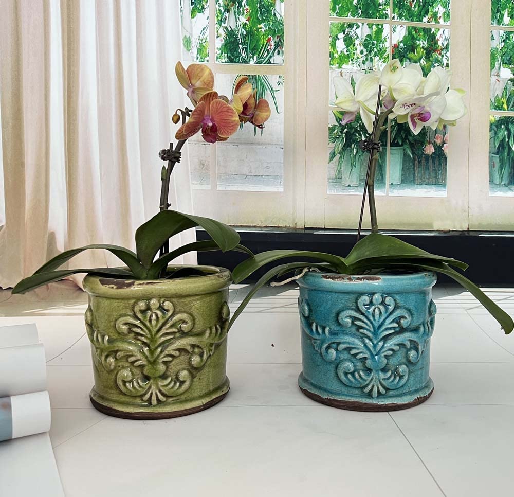 6inch Garden Pot with Drainage Hole, Column-Shaped Gardening pots ,Antique Indoor Plant pots ( Green&Blue)