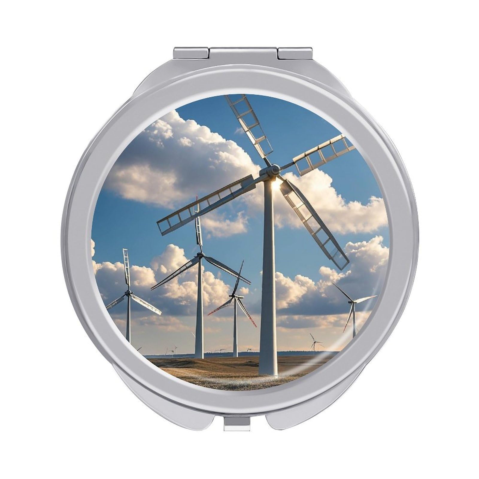 FekiLoot Windmills Travel Makeup Mirror for Women Folding Portable Hand Compact Mirrors Small Round Vanity Mirror 1X/2X Magnifying Metal Pocket Makeup Mirrors