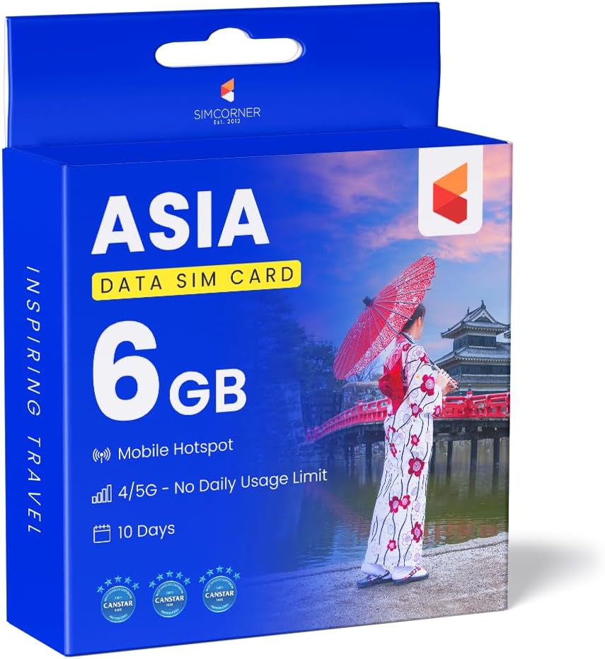 Asia Travel SIM Card (6 GB, 8-Days), 3-in-1 Data SIM Cards for Cell Phones - Standard, Micro, & Nano SIM Card Compatible w/All Unlocked Phones - Hotspot/Tethering Prepaid SIM Card for Travel