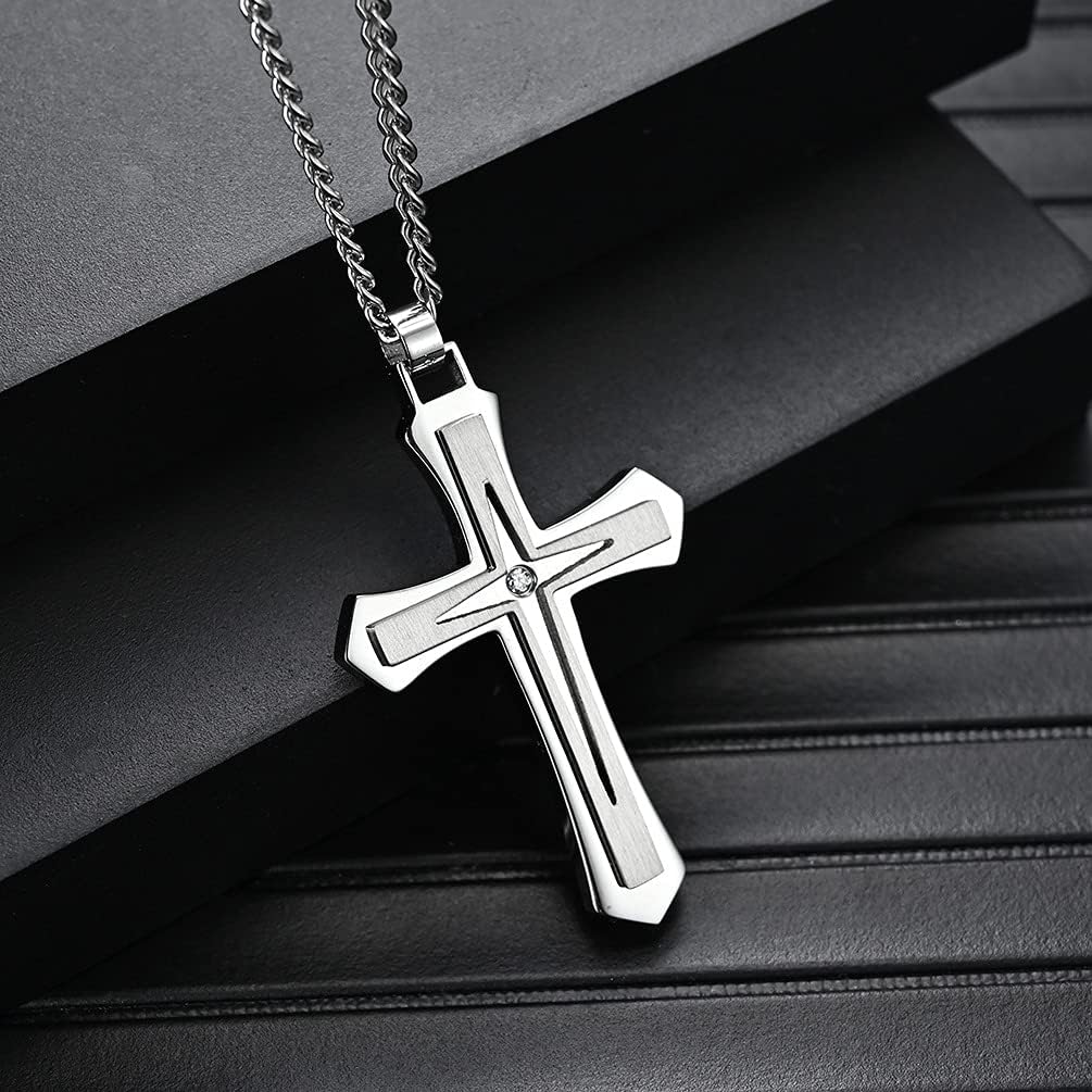 Cross Necklace for Men, Stainless Steel With Crystal Accent Cross Black/Silver Pendant Religious Necklace Christian Jewelry 60 cm/23.6 inches - Image 3