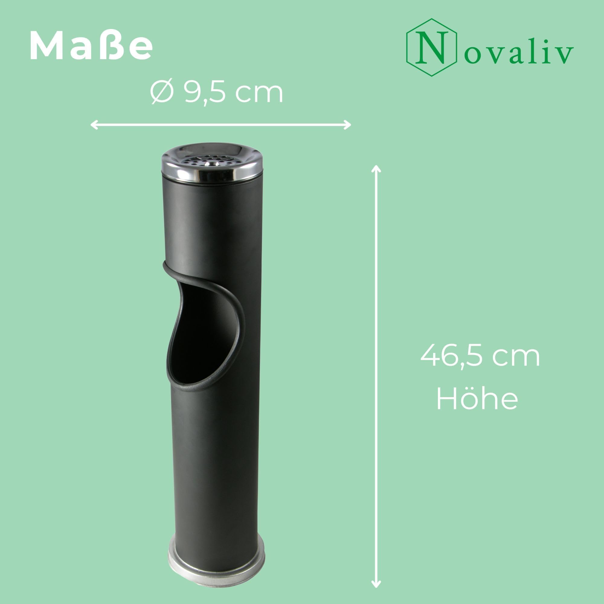 Novaliv 2 ceniceros de pie para exteriores, color negro, 46,5 cm de alto, 9,5 cm de diámetro, 2 en 1 para residuos de basura y cigarrillos, para exteriores, cubo de basura con cenicero, soporte para