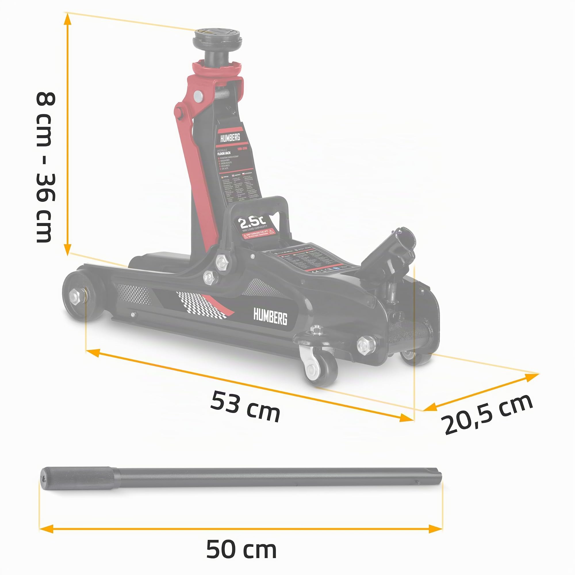 Humberg Wagenheber Hydraulischer Rangierwagenheber Auto Heber Niedrigprofil 2,5T 80-360 mm Rangierheber 2 Gummiauflagen Schwarz Rot