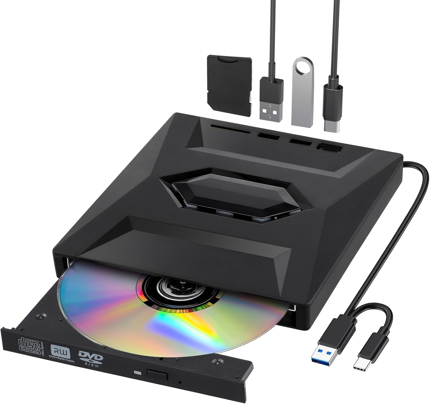 5 In 1 External CD DVD Drive for Laptop,Type-C USB 3.0 Portable CD DVD Burner Rewriter with SD Slot & 2 USB Ports,8X DVD 24X CD Fast Speed CD/DVD Drive Reader for Laptop PC Mac OS Linux Windows-picture-22