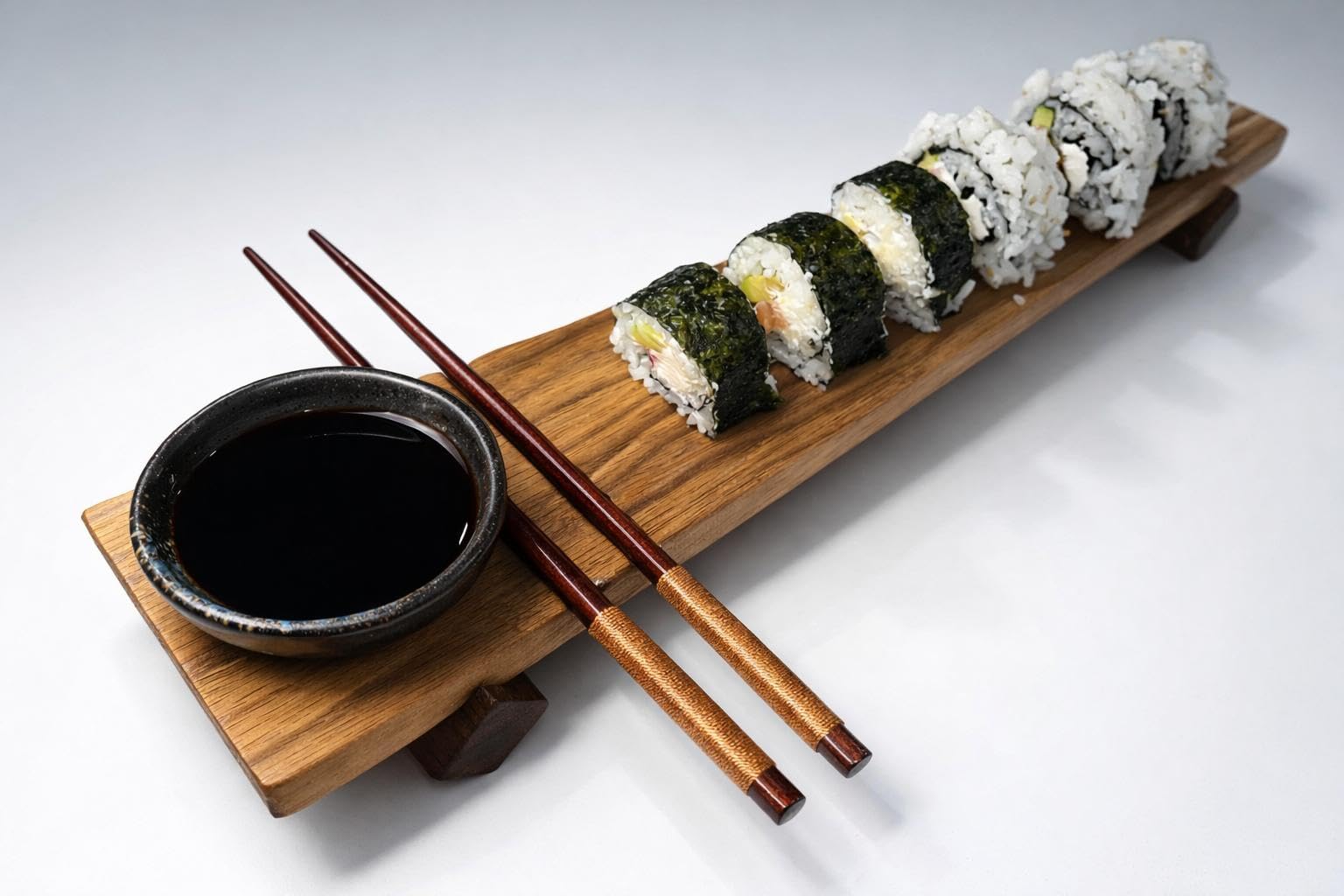 Genérico Set Sushi Premium (2 Tablas) de Madera Maciza FSC + 2 Cuencos Cerámicos + 4 Palillos | Aceite natural mate | Roble/Nogal/Iroko – Hecho a Mano (Madera Iroko)
