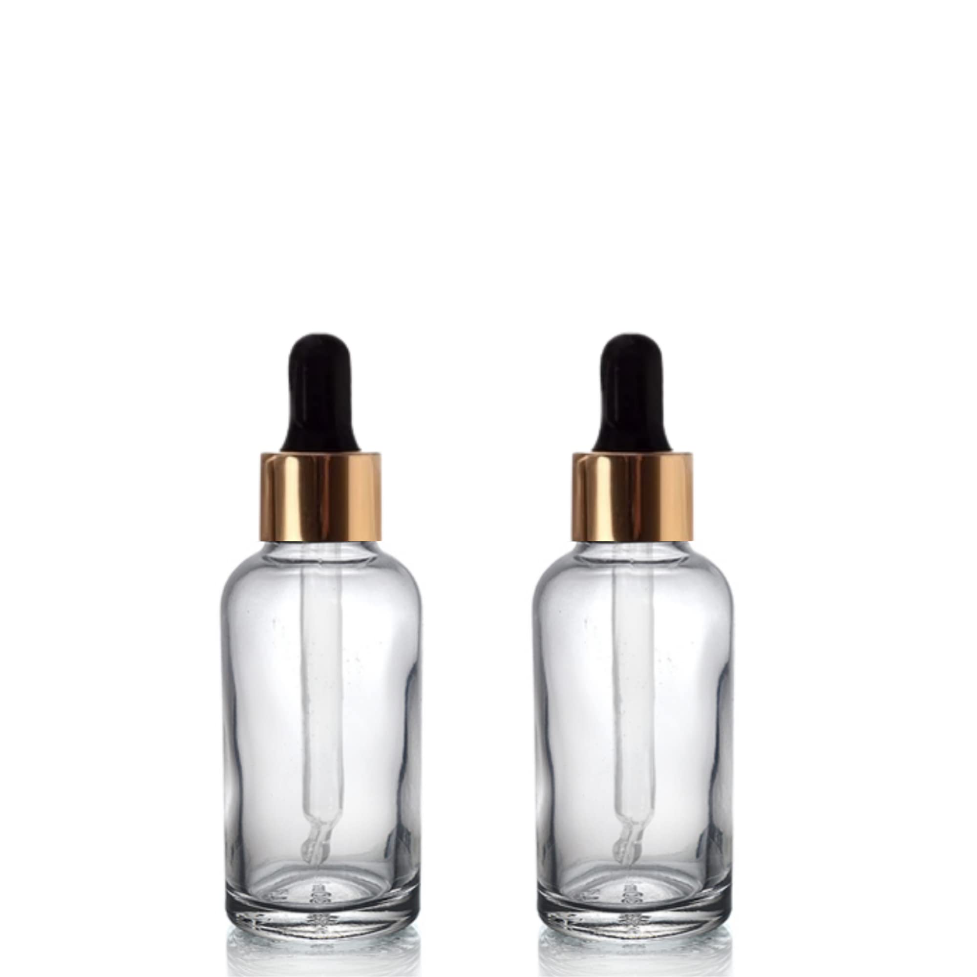Devinez (Pack of 2 Multipurpose Refillable Transparent Clear Round Glass Bottle, 50 ml with Golden Black Glass Dropper for Cosmetics, Serum, Essential Oils, Blends, Skin Care, Travel, Toners & DIY
