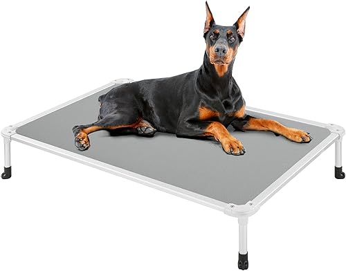 Veehoo Cama elevada para perros a prueba de mordidos, cuna elevada para mascotas, marco de aluminio plateado y tela de malla de textileno duradera,