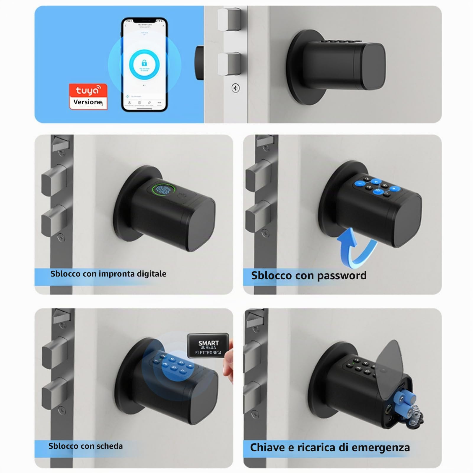 Serratura con impronte digitali, 5 in 1 Serratura intelligente con codice numerico RFID e chiave APP, Serratura elettronica per porte d'ingresso, Cilindro di chiusura regolabile 60-90mm