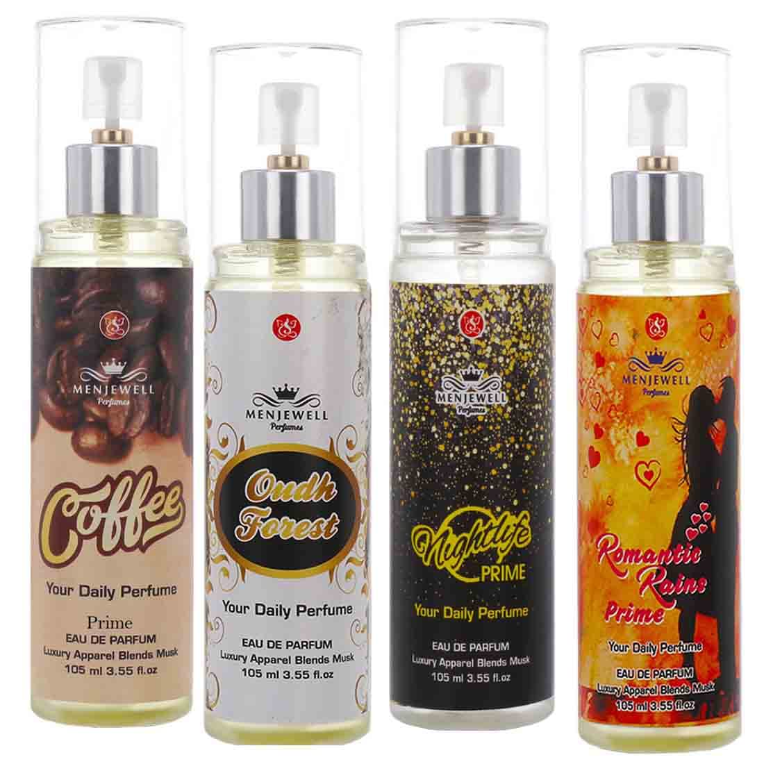 Menjewell Coffee, Oudh Forest, Nightlife, Romantic Rains Eau De Parfum/Perfumed Spray Combo For Men And Women 420ml (Pack Of 4)