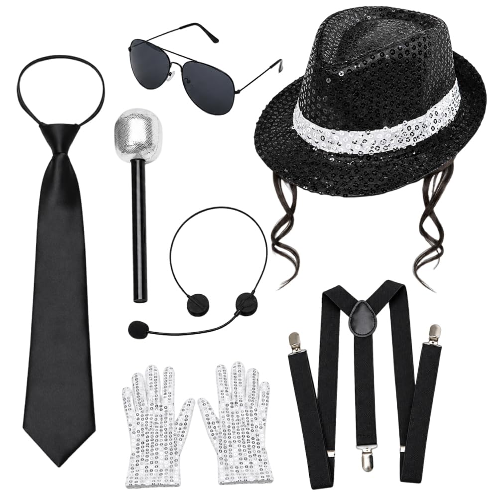SGZIOO 7 Pcs Michael Costume Accessories, Adults 80s Dancer Rocker Star Cosplay Set, King of Pop Fancy Dress Accessories for 80s Retro Party, Carnival Dance Party, Halloween Costumes Men