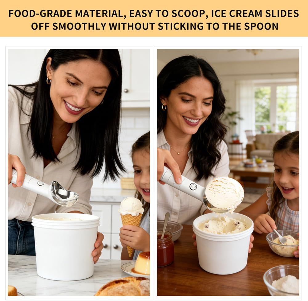 Heated Ice Cream Scoop | Warming Icecream Scooper with 3-Level Adjustable Heats - 113/158℉, LED Display, 2000mAh Capacity, Rechargeable | for Hard Ice Cream and More (White)