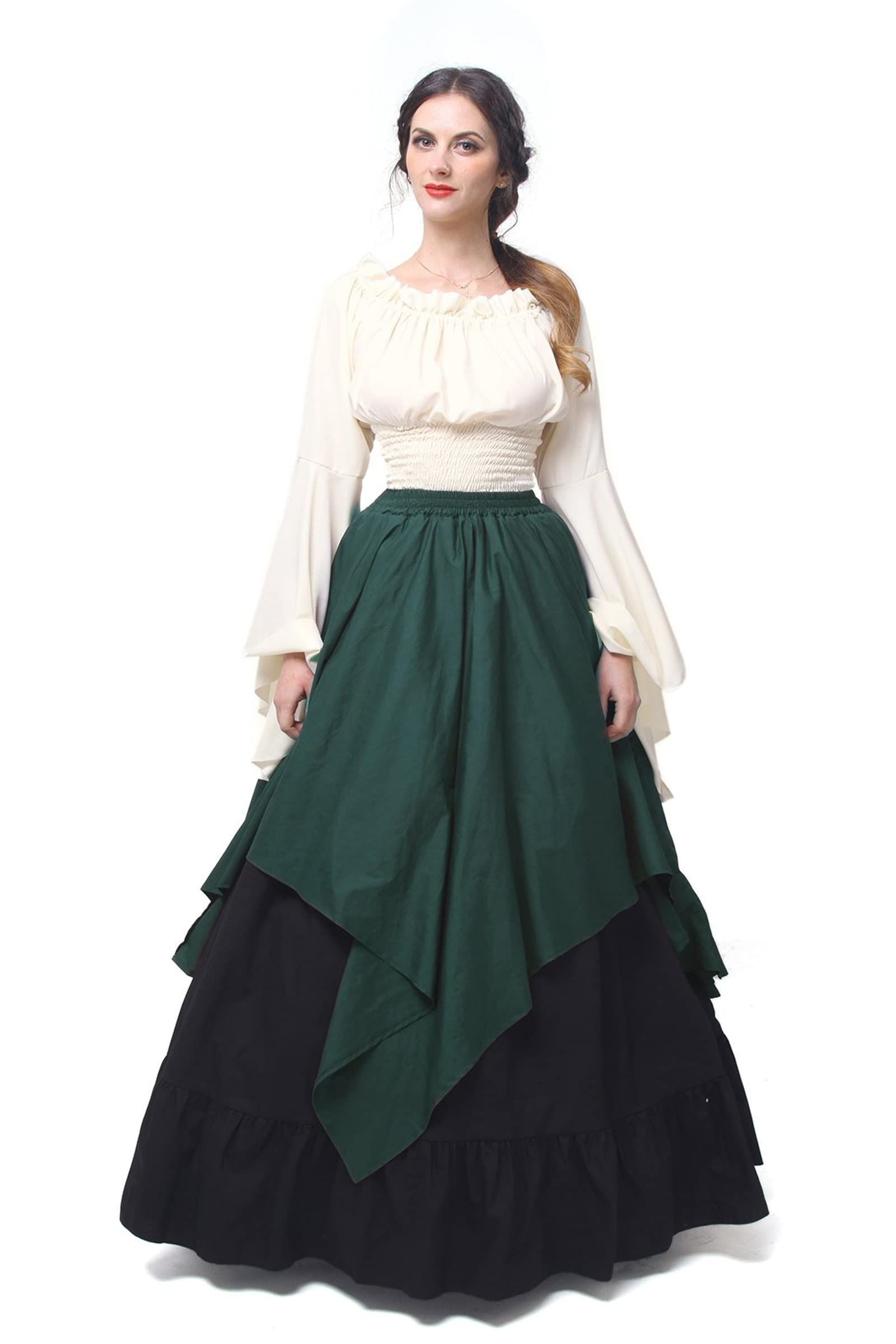 Fiamll Renaissance Dress Women's Medieval Clothing Costumes Fancy Dress Set, Green and black, M