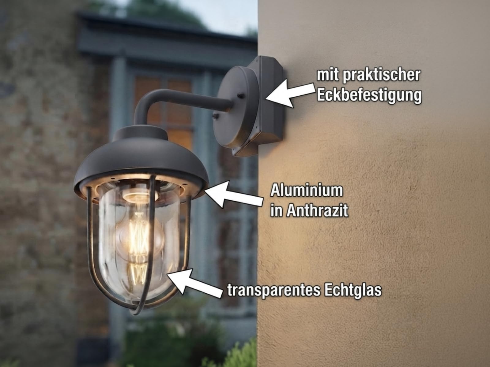 meineWunschleuchte Außen-Wandleuchte in Anthrazit Wandlaterne hängend | mit Eckbefestigung, Höhe 33cm, Aluminium mit Glas, Schutzklasse IP44, Fassadenbeleuchtung Hauswand, Außenlaterne Vintage