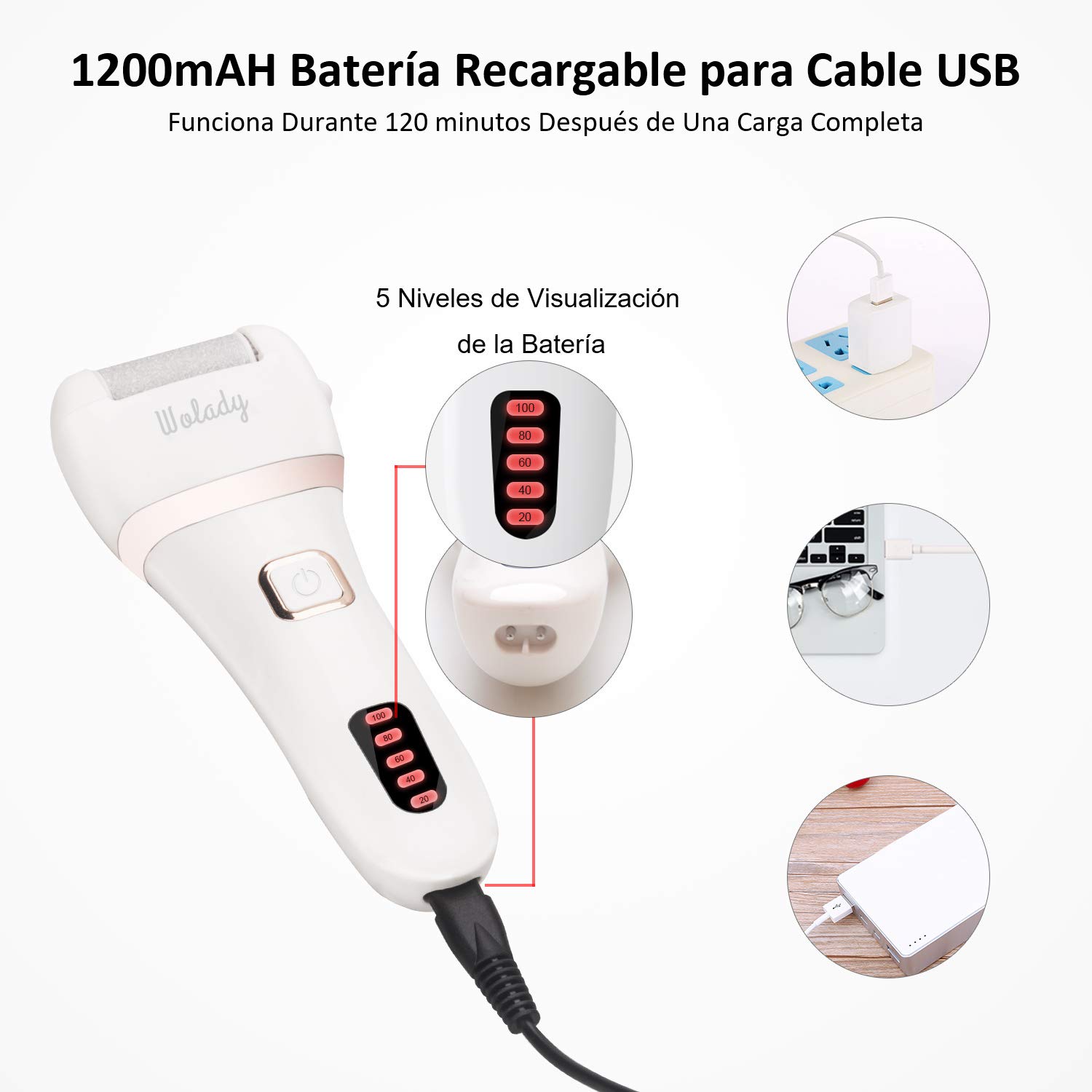 Lima Electrica Pedicura Profesional Recargable Wolady IPX7 Impermeable Eliminar Callos Pies Durezas Cuidado Lima Blanca de Metal, 3 Recambios 5 Niveles Bateria 1200MAH 2 Velocidades