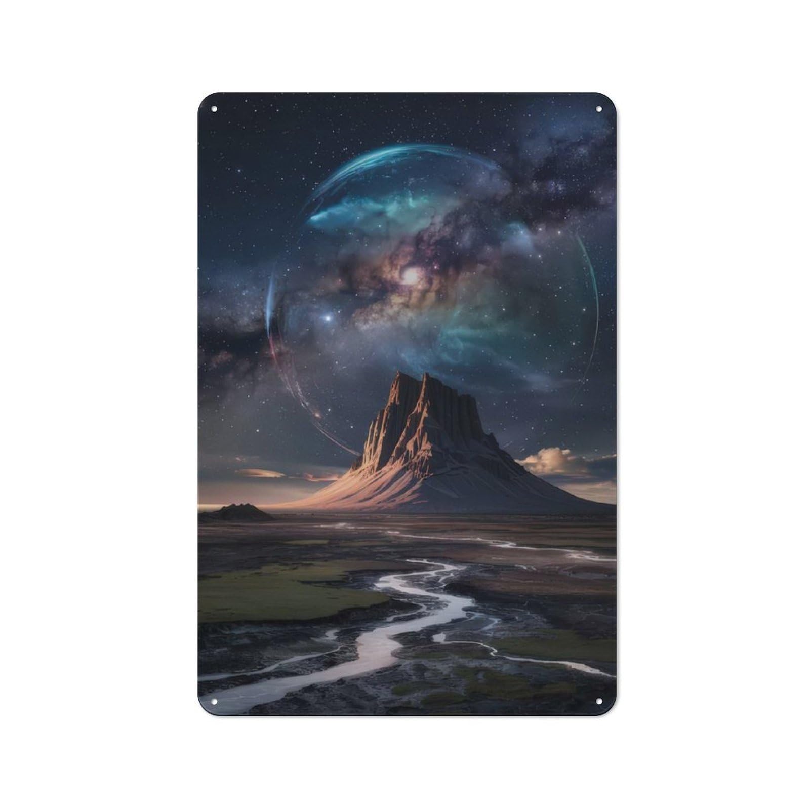 Tin Wall Plaque 30x20cm with Exoplanet Landscape for Workshop Wall, Housewarming Wall Decor for People Furnishing Workshop
