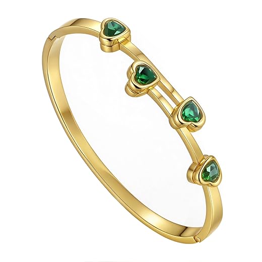 hotoo Green Rhinestone Heart Beads Stackable Gold Bangle Bracelets for Women Christmas