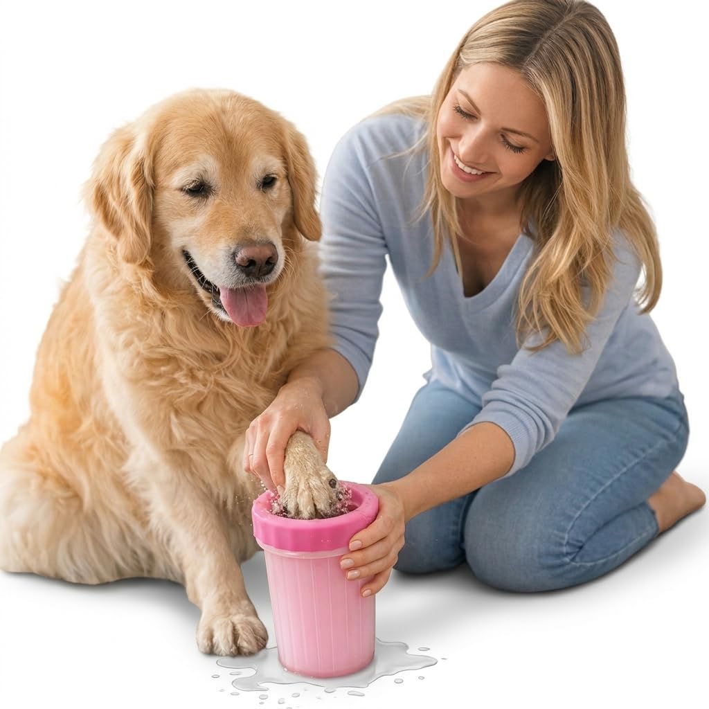 Dog Paw Cleaner Cup with Soft Silicone Bristles, Portable Mud Remover, Reusable Travel Paw Washer for Small, Medium and Large Dogs (Pink, 10 by 15cm)