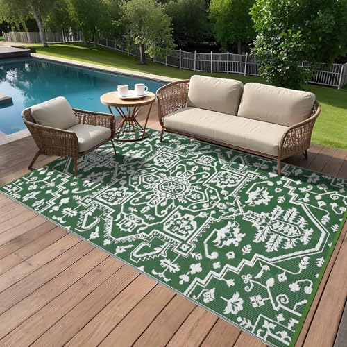 GAOMON 9x18 Outdoor Rug Waterproof for Patio Picnic Non Shedding Plastic Straw Reversible Large Outdoor Rug for Front Back Door Pool RV Portable Boho Vintage Floral Carpet Outside Decor, Green White