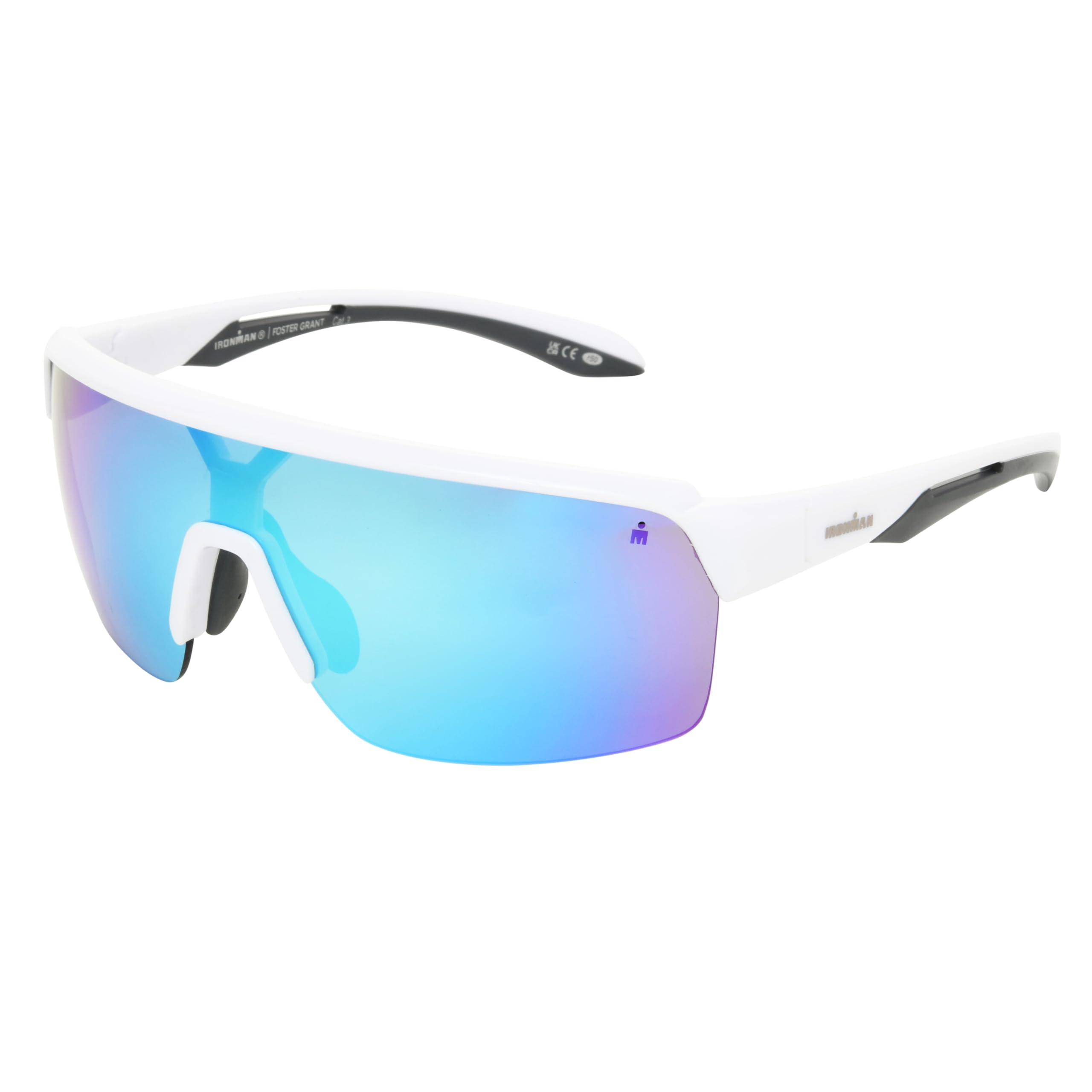 Foster Grant IRONMAN Rover Herren-Sonnenbrille – weiße Shield-Fassung mit grauen Bügeln, blaue Spiegelgläser, UV400-Schutz, kratzfest & stoßresistent, leichtes Sportgestell