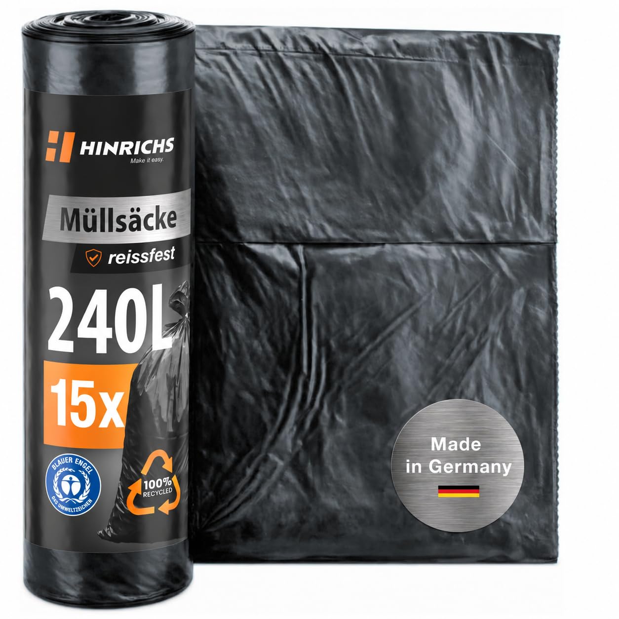 Hinrichs Müllsäcke 240L schwarz, extra stark 50 my, 100x125 cm, 15 Stück