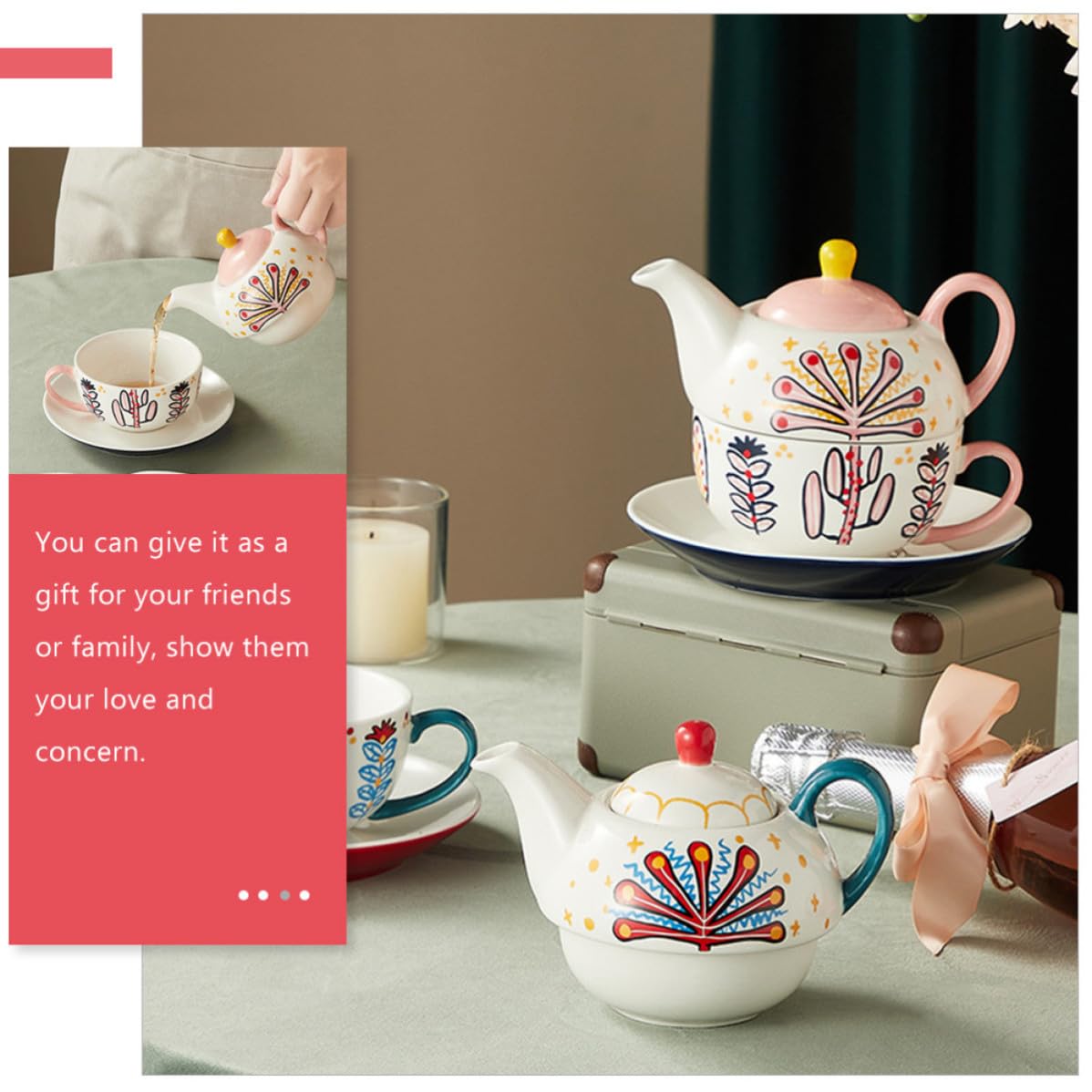 Artibetter Ensemble Service à Thé en Céramique Rose Théière et Tasse, Design Élégant et Confortable, pour Toutes Occasions et Visite de Pendaison de Crémaillère