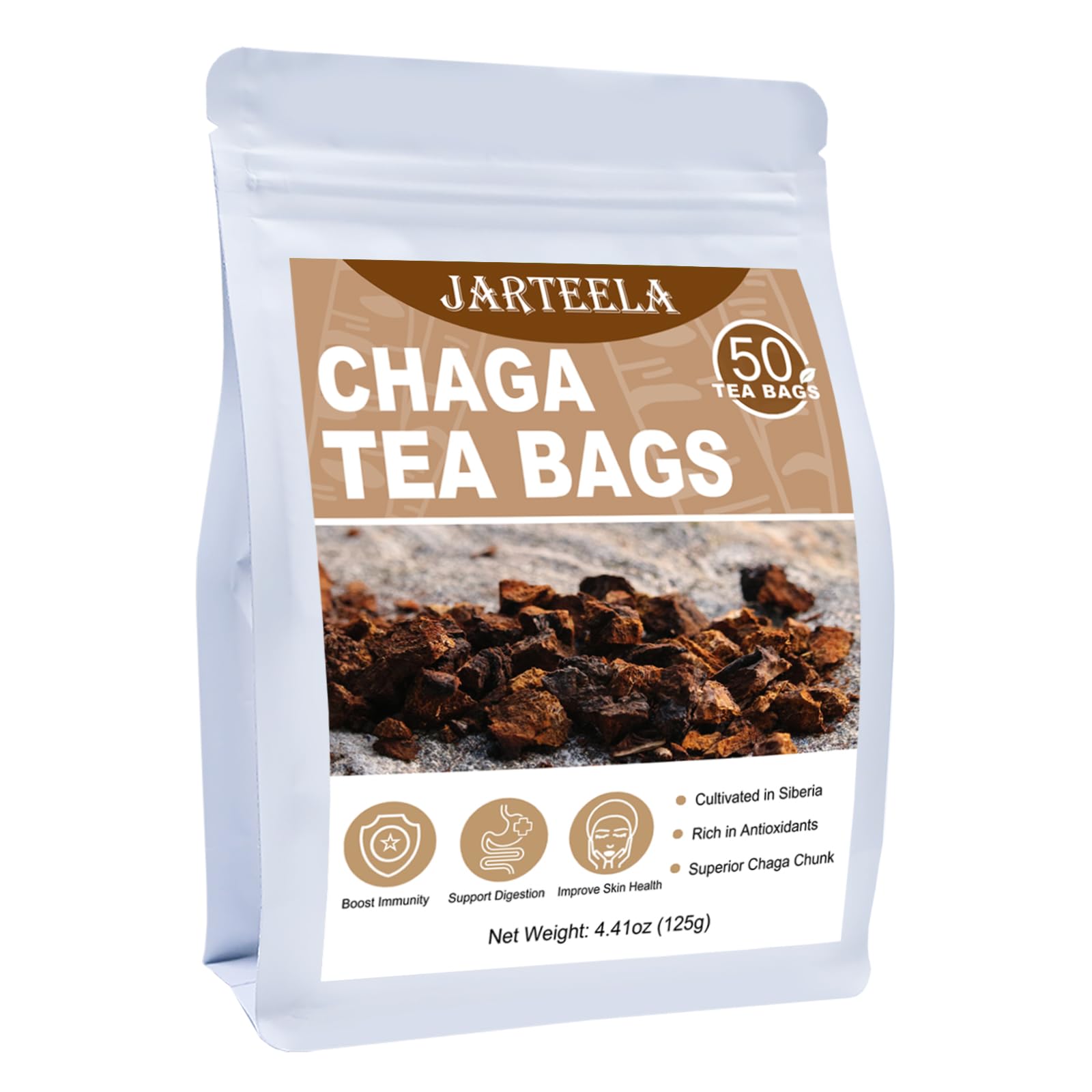 Jarteela - Chaga Tea, 50 Teabags, 2.5g/bag - Chaga Mushroom Tea Bag - Premium Herbal Tea Bags - Non-GMO - Caffein-free Tea- Improve Liver and Skin Health