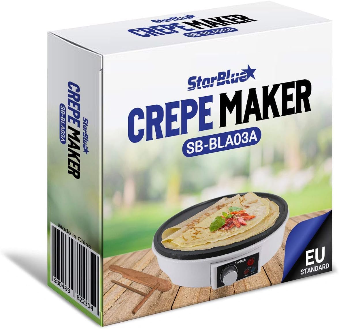 StarBlue Máquina Eléctrica Para Hacer Crepes Y Tortitas De 30,5 Cm, Con Libro Electrónico De Recetas Y Espátula De Madera, Ca 220-240 V, 50/60 Hz Y 1000 W, Enchufe Del Reino Unido Y Adaptador Europeo