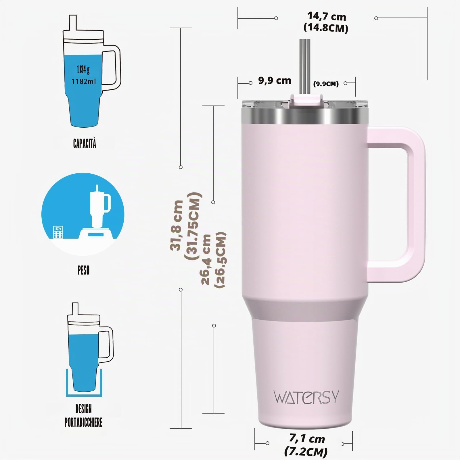 WATERSY 1.2L Bicchiere Termico con Manico, 40 oz Grande Tazza Termica in Acciaio Inox, Tazza da Caffè con Cannuccia, Thermos per Acqua Doppia Parete, per Palestra, Auto e Viaggio (Rosa Chiaro)