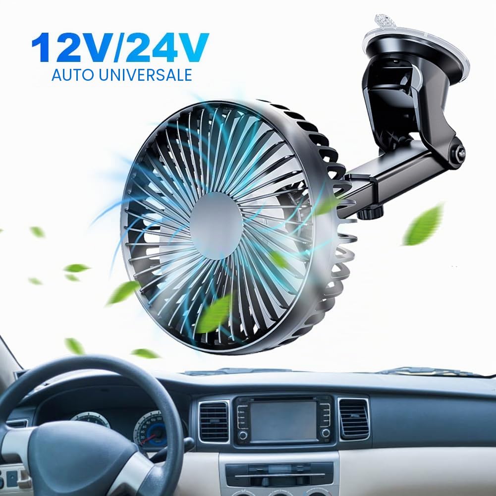 Ventilatore da Auto, Mini Ventilatore per Cruscotto, Regolabile a 360° con Ventosa, 3 Velocità, Filtro per Auto con Testa Singola