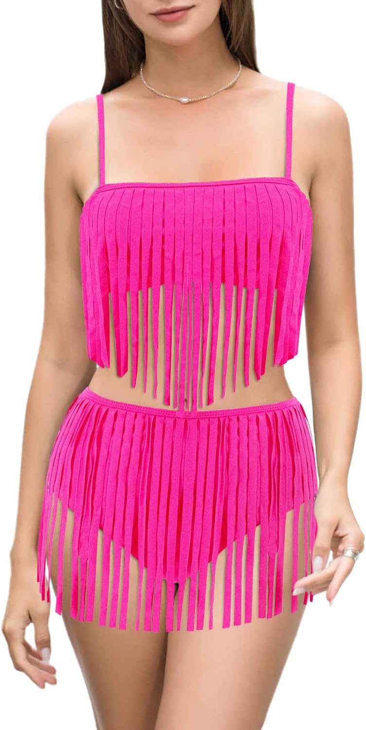 Womens Bikini Sets Sexy Fringe Hem Tube Top Tankinis High Waist 2 Piece Swimsuit Bathing Sets Beach Pool Party