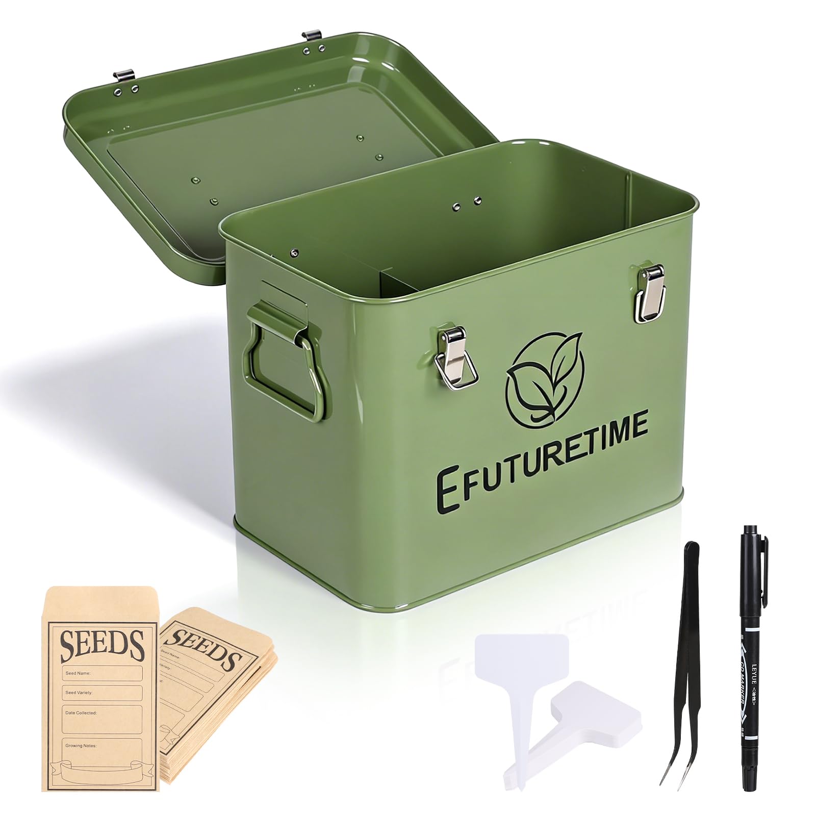 efuturetime Caja de Metal para Almacenamiento de Semillas 20,5×13,5×16cm, Organizador de Semillas de Jardín con 3 Compartimentos, Almacenamiento Semillas Flores Verduras Regalo Jardineros, Verde