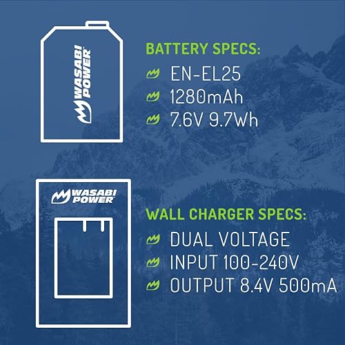 Miniatura 3 de Wasabi Power Batería (paquete de 2) y cargador de repuesto para Nikon EN-EL25, EN-EL25a, 4241, MH-32 compatible con Nikon Z30, Z50, Z50 II, Zfc