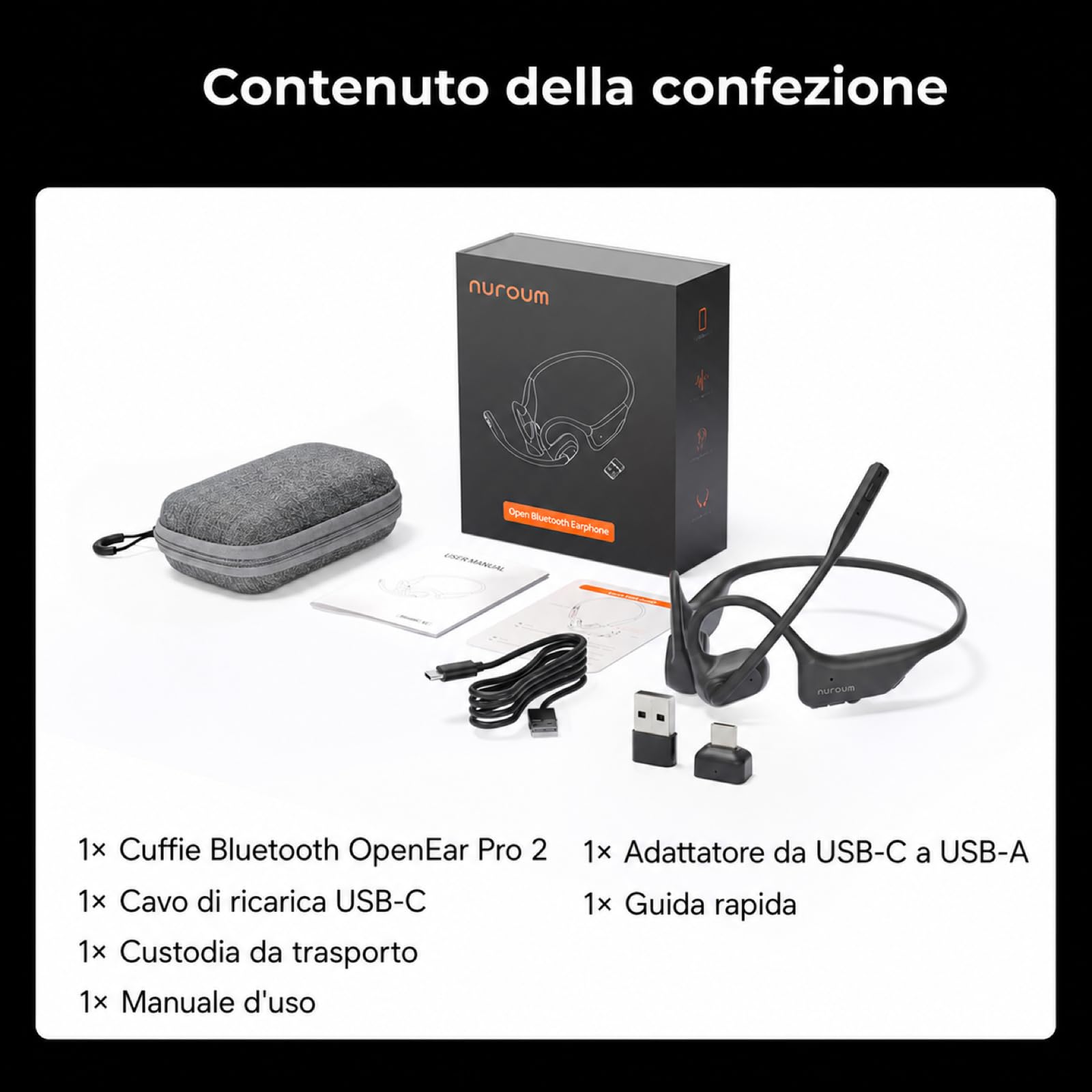 Nuroum OpenEar Pro 2 Cuffie Bluetooth 5.4 con Microfono, Cancellazione del Rumore ENC/Funzione Silenziosa/Connessione Multipoint/15 Ore Durata, Cuffie Wireless per Ufficio/Casa/Chiamate/Guidare, Nero