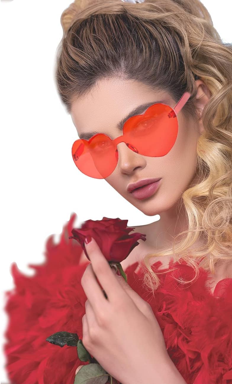Lot de 8 boas à plumes colorées avec 8 lunettes de soleil en forme de cœur sans monture - 2 m - Pour femme - Pour danse, mariage, fête d'Halloween, Lot de 8, 6.6ft/2m
