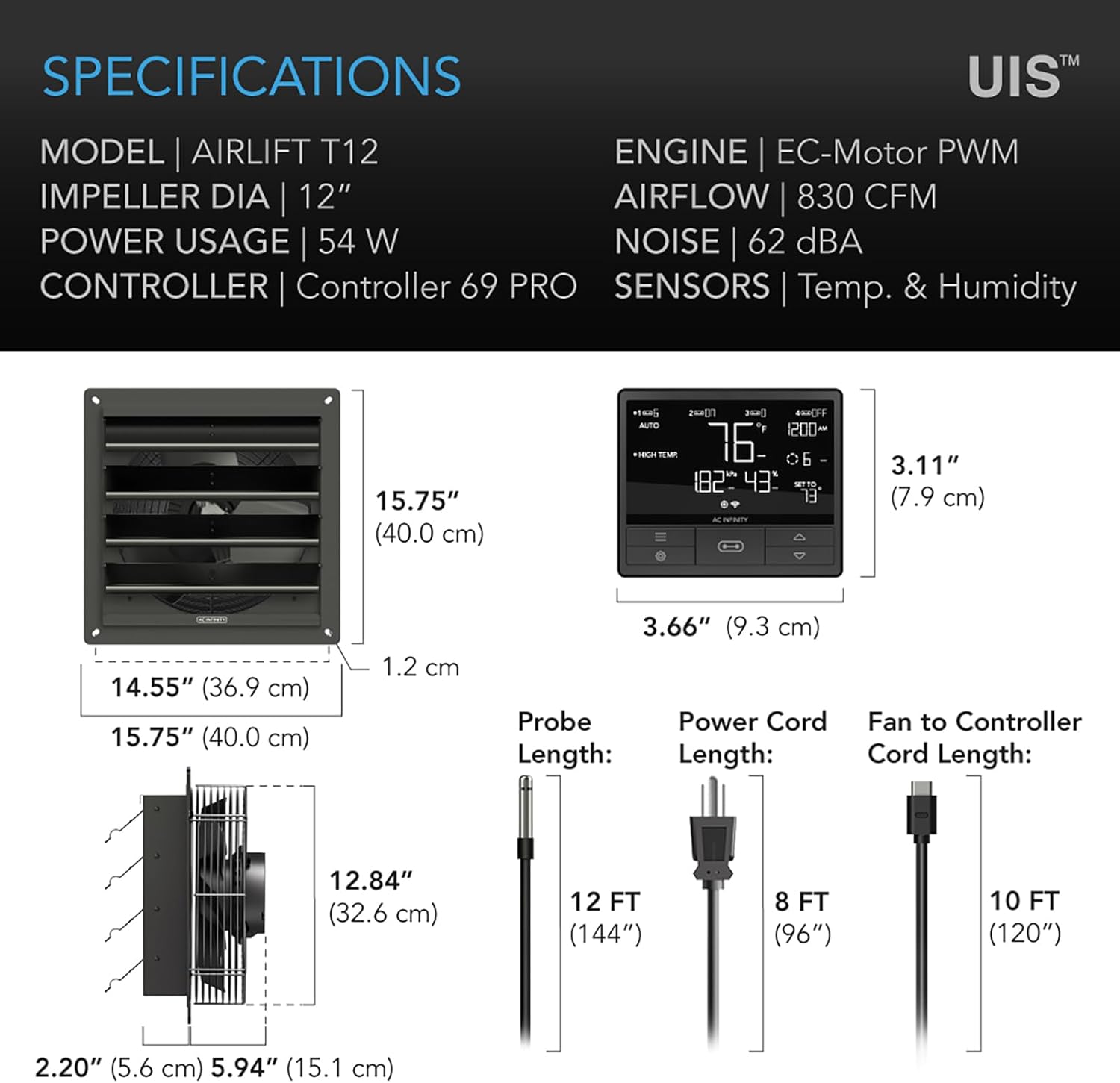 Diagram showing detailed dimensions and specifications of the AIRLIFT T12 fan and its components