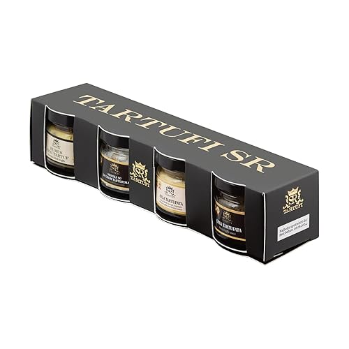 Tartufi Mini caja de regalo de trufa, incluye salsa de trufa negra, salsa de trufa blanca, humus de trufa negra y sal marina trufada, vegano, bajo