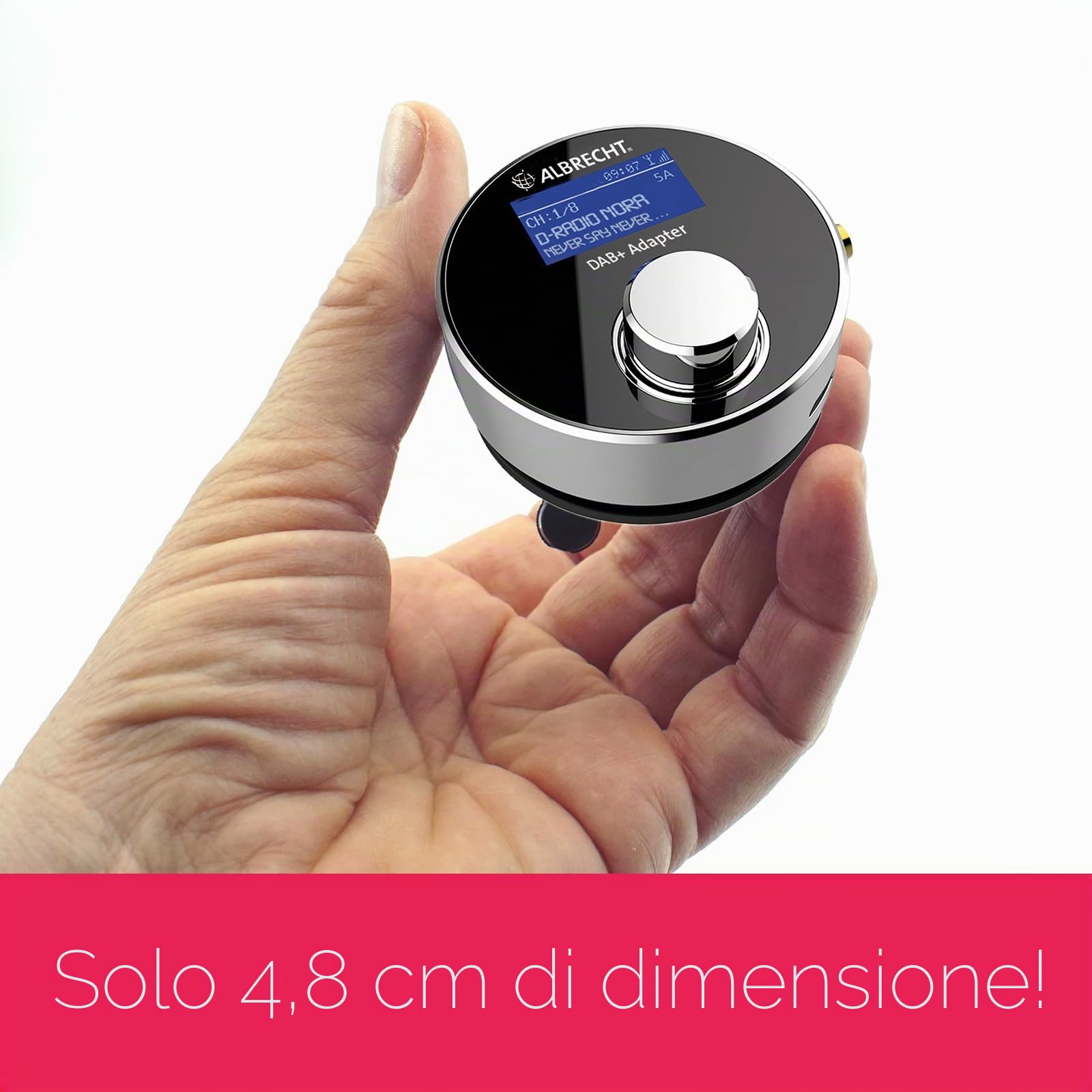 Albrecht Dr 54 Adattatore Radio Digitali Dab/Dab + per Autoradio o Sistema Stereo a Casa con Trasmettitore FM Integrato per Trasmissione Wireless, Display LC, Adattatore USB, Diametro 48 mm, 36 g