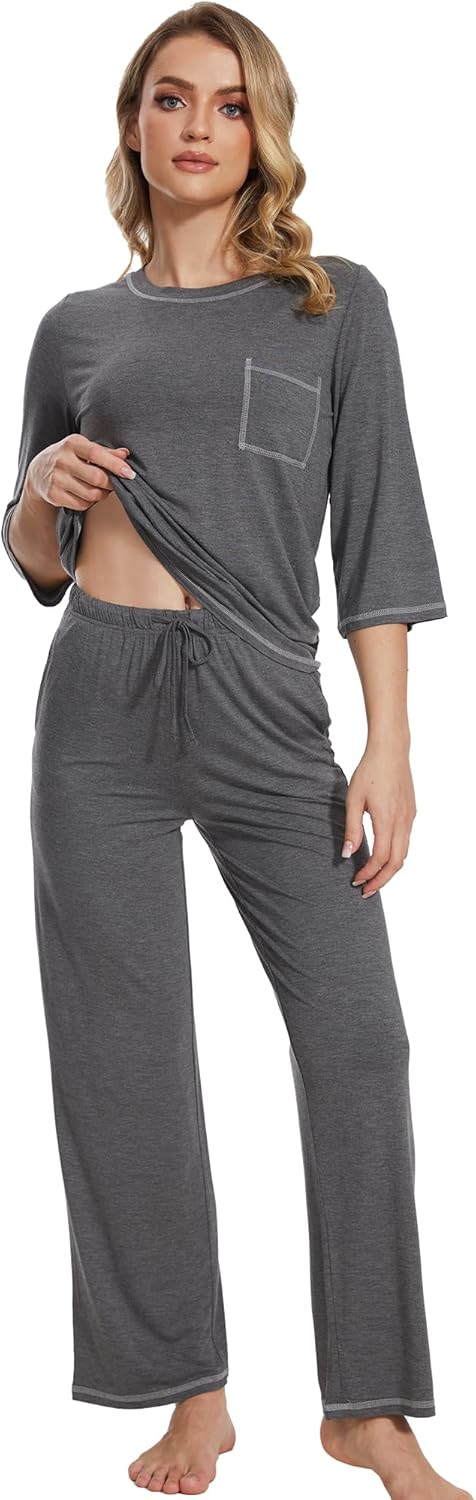 WiWi Bamboo Viscose Pajamas for Women 3/4 Sleeve Tops and Long Pants Cooling Sleepwear Pajama Set Super Soft Pjs Sets S-XXL - Image 3