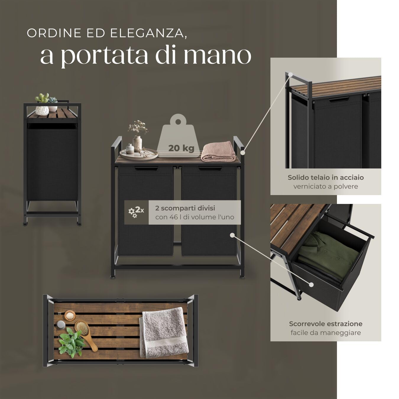 tectake® Cesto per Biancheria con Ripiano Effetto Legno, Cesto Portabiancheria con Sacchi Estraibili, Porta Biancheria con Struttura in Acciaio, Regolabile, Design Industriale - 34x74x72 cm