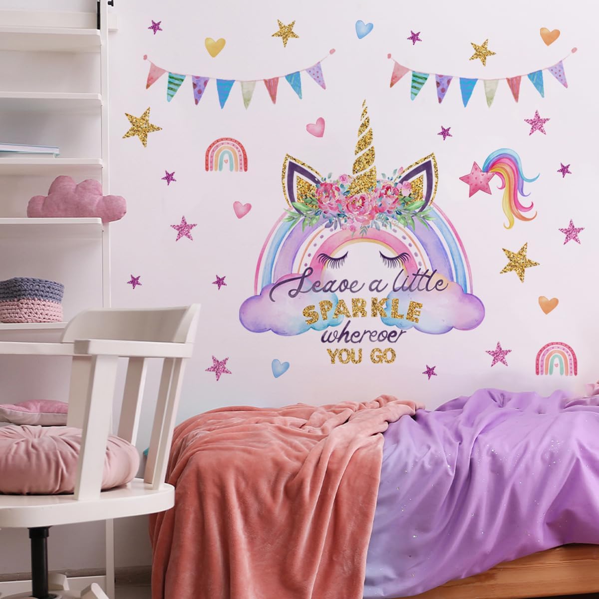 Runtoo Unicorn Wall Decals Rainbow Quotes Peel and Stick Wall Art Stickers for Girls Bedroom Baby Nursery Kids Room Birthday Party Decor Gifts - Image 2