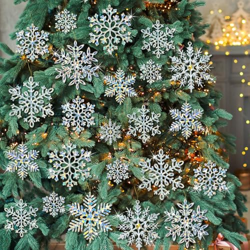 Image of 49Pcs Christmas Ornaments - Iridescent Glitter Snowflake Decorations for Winter Tree, Wall, Ceiling & Window