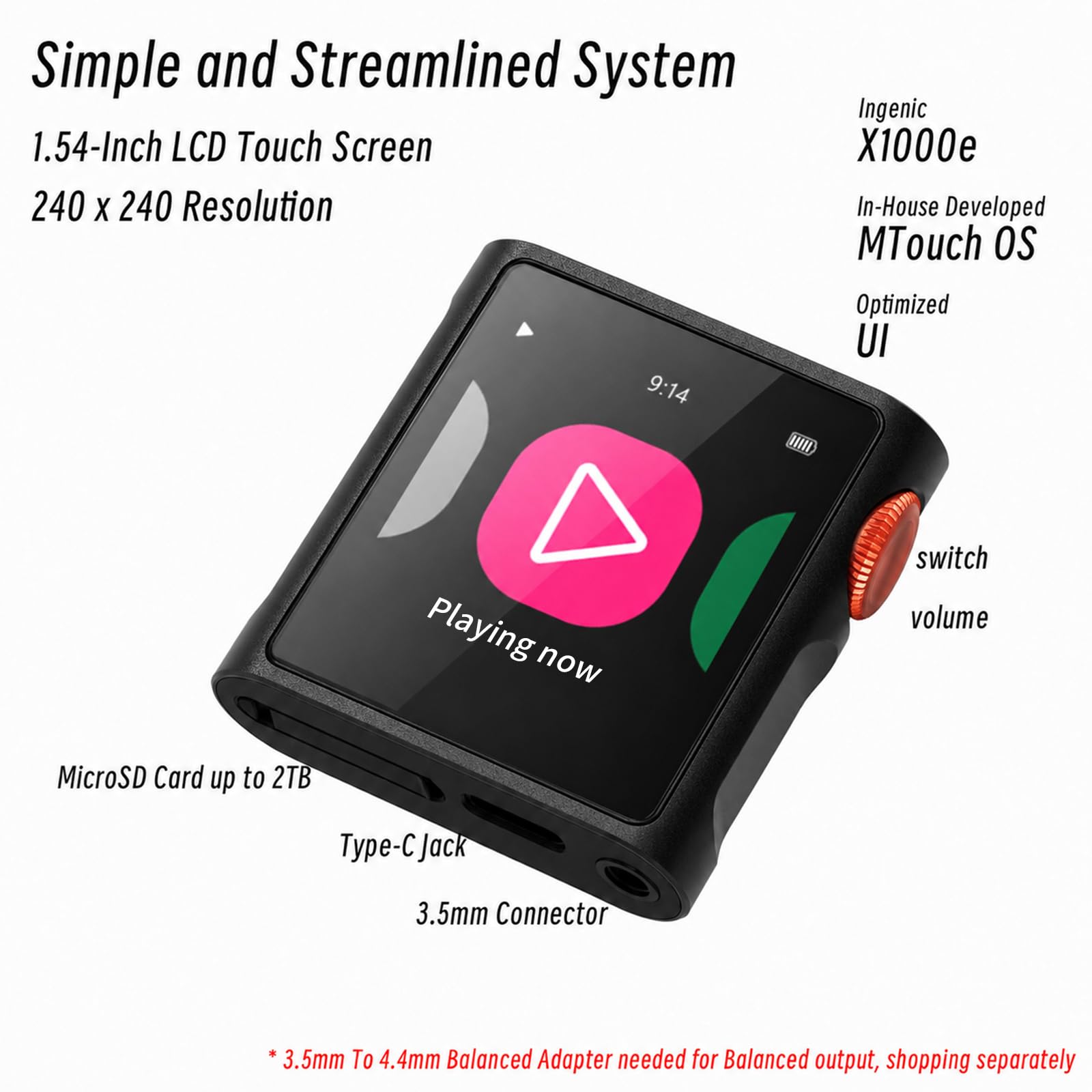 SHANLING M0 Pura Mini Tragbarer Hi-Fi-Musikplayer,1.54 inch Touchscreen,Bluetooth 5.0,DAC CS43131,3,5-mm-Ausgang,Umschaltbarer symmetrischer Ausgang,für Sport, Joggen und Workout (Black)