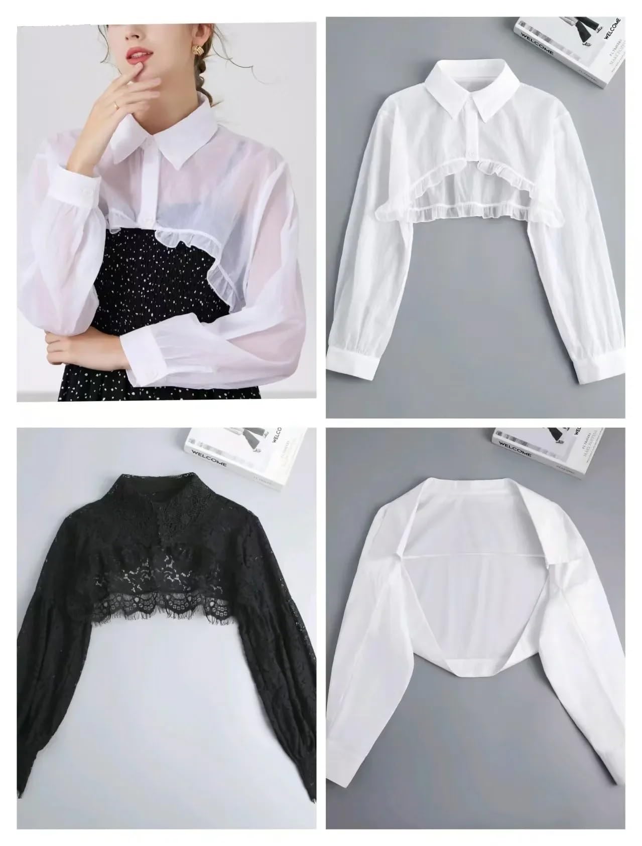 1 Pz Donna Manica Lunga Collare Finto Femminile Risvolto Bottone Imbottiture Mezza Top Camicetta Camicia Colletto Staccabile Autunno Maglione Falso per Maglioni
