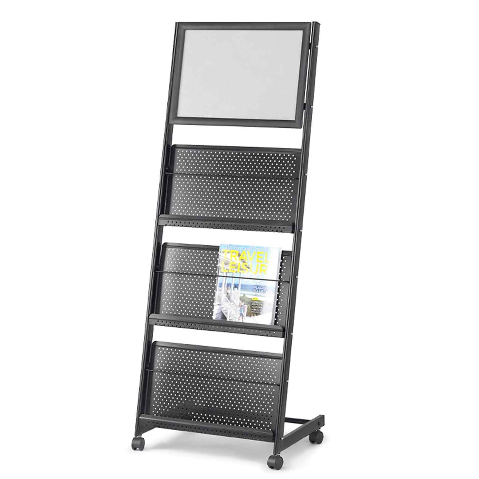 Porte-revues, Porte-brochures, catalogues, Magazines, littérature, avec 4 Compartiments et roulettes, pour Salons Professionnels, écoles et bibliothèques, Noir
