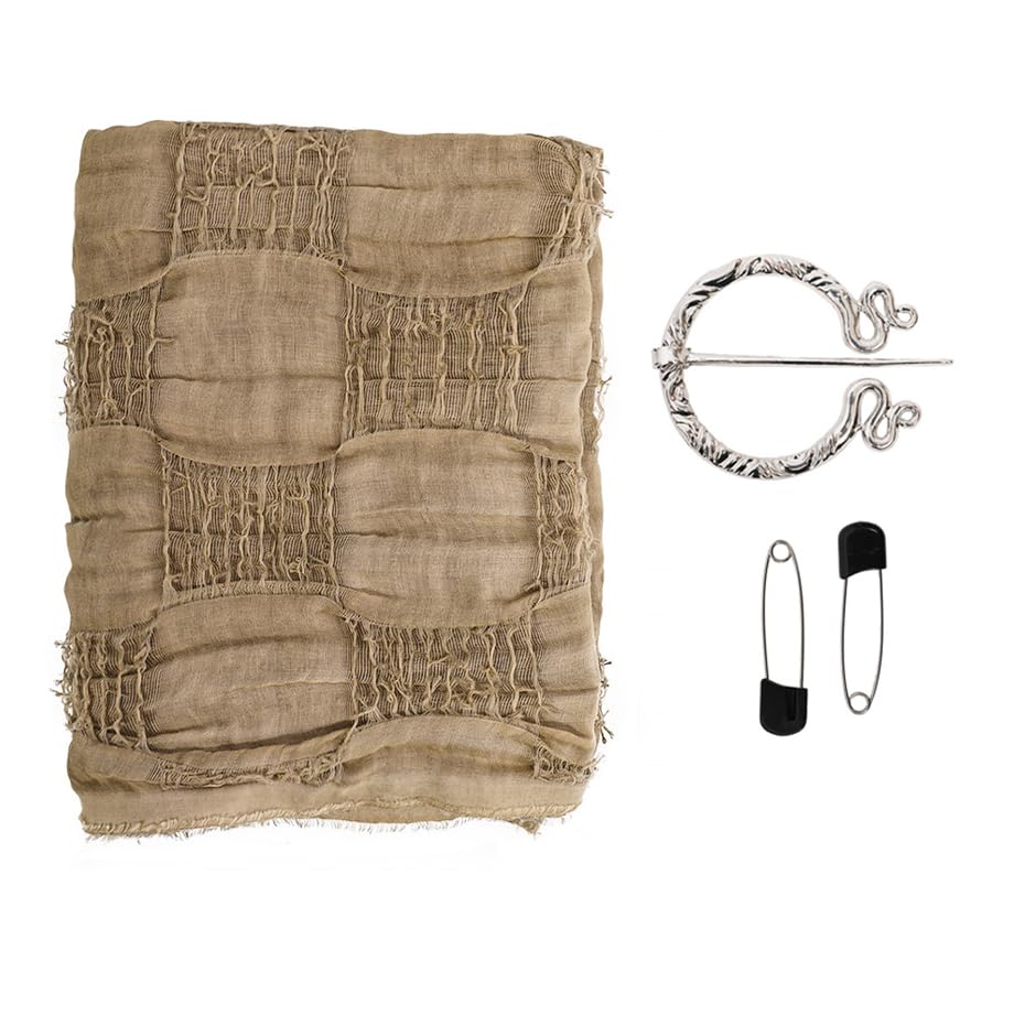 Dune Costume Post Apocalyptic Tattered Hooded Shawl Scarf with Brooch Pins, Ragged Desert Nomad Wrap Cape Cosplay Cloak4