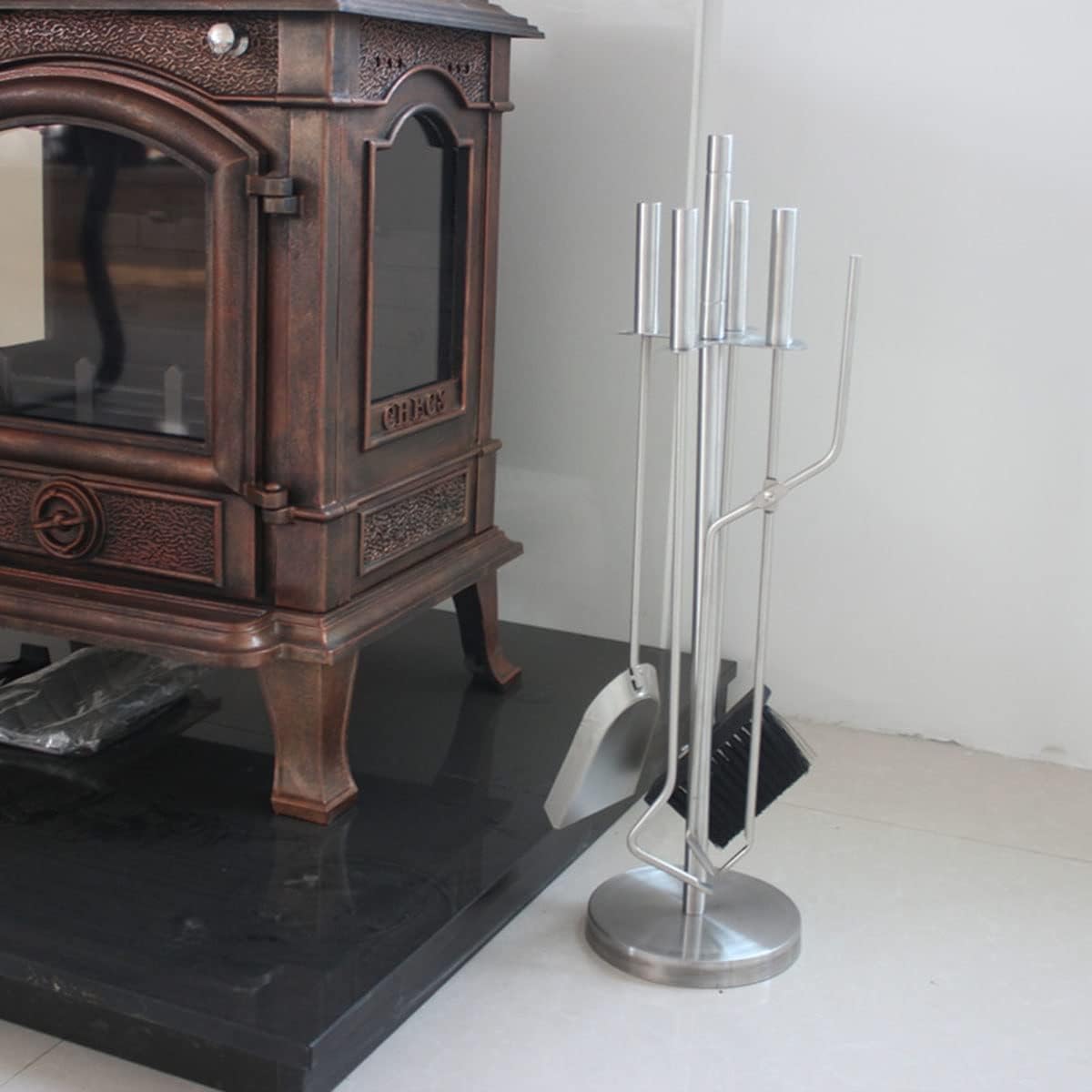 Fireplace Tool Set Silver Stainless 5 Pcs Fireplace Tool Set, 26 in Utility Fire Place Tool, Fire Pit Chimney Tool Kit, Fireplace Accessories, with Poker/Shovel/Broom/Tong/Base