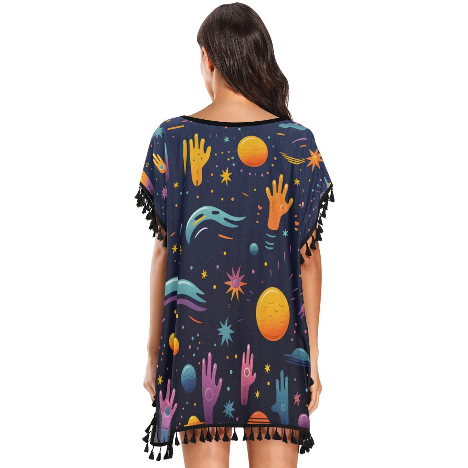 KAAVIYO Cute Colorful Pattern Stars Women's Beach Cover Up Chiffon Tassel Swimwear Swimsuit Coverups for Girl